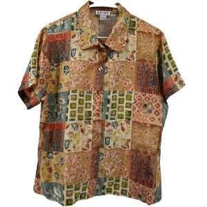 VTG Stunt Patchwork Silk Button Down Shirt Floral Brown Green Large